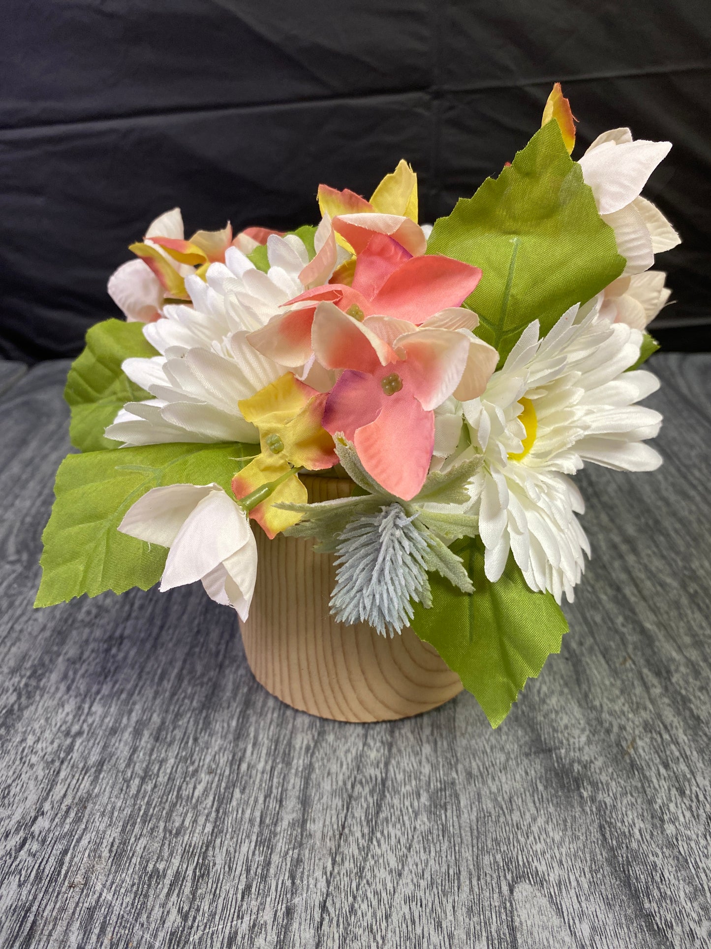 (1848) fake flower bouquet in wood