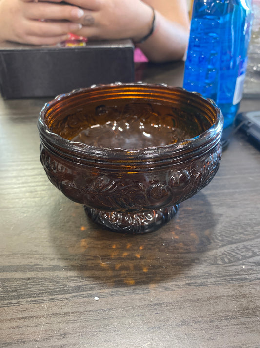 (1395) Brown Glass Dish With Fruit Design