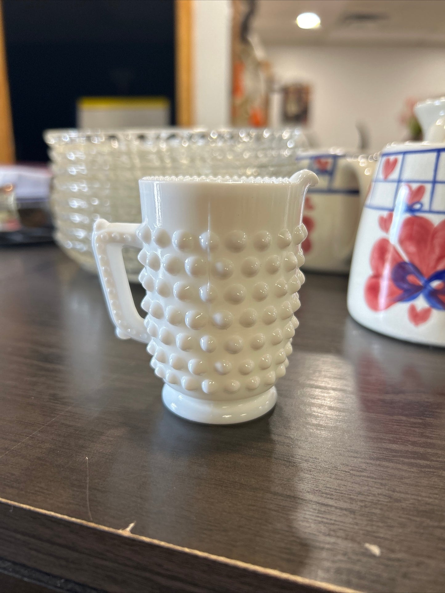 (432) Vintage Hobnail White Milk Glass Pitcher Mini