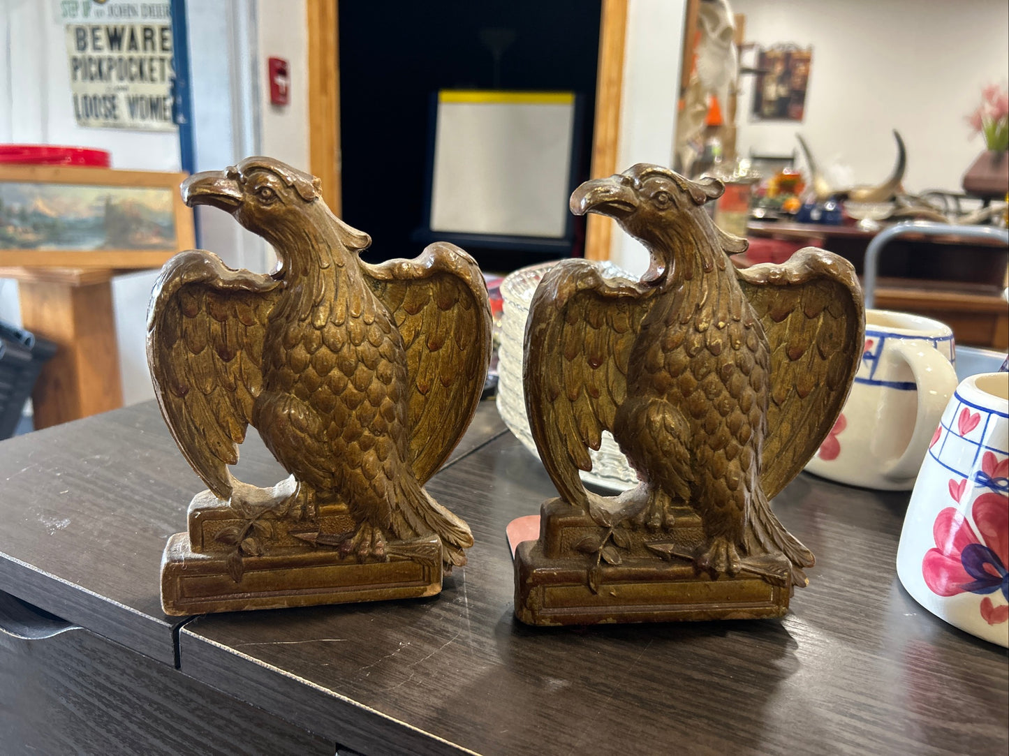 (433) VINTAGE PAIR SYROCO WOOD FEDERAL EAGLE BOOKENDS  (set)